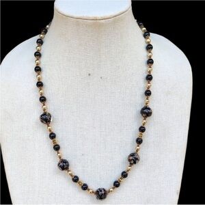 Vintage Venitian Murano Glass Beaded Gold and Black Necklace and Earrings Set